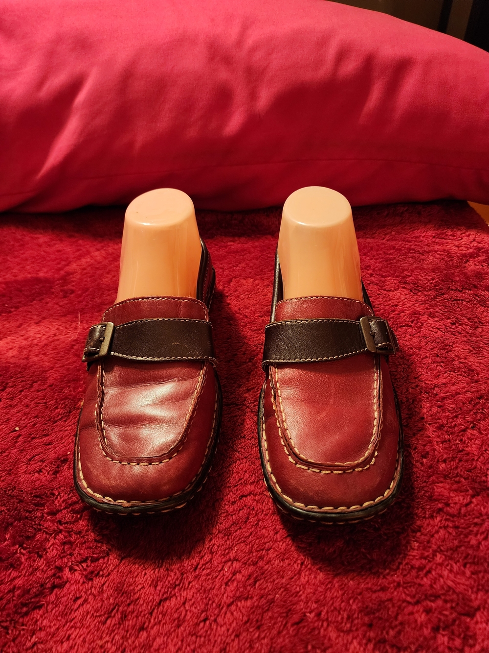 womens Birn Red Leather Slip-On Loafers with Contrast Strap